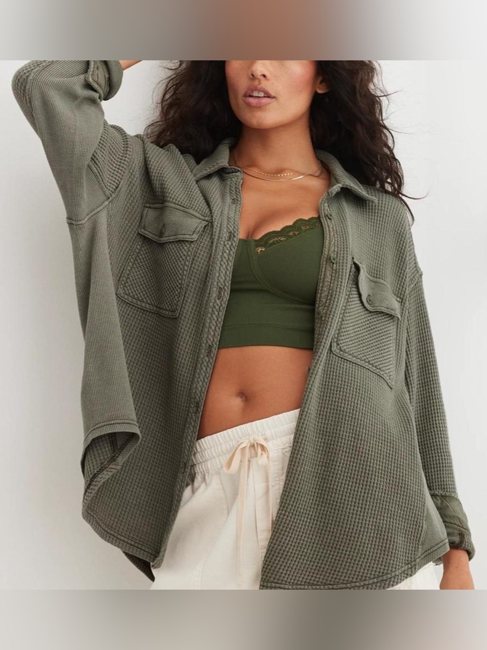 Aerie LumberJane Knit Button Down Shirt Shacket XL Green Oversized Gorpcore